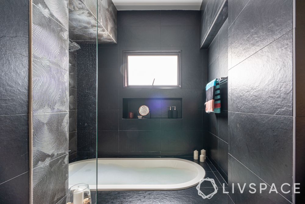 hdb house-bathroom-black tiles-tub-homogenous tiles