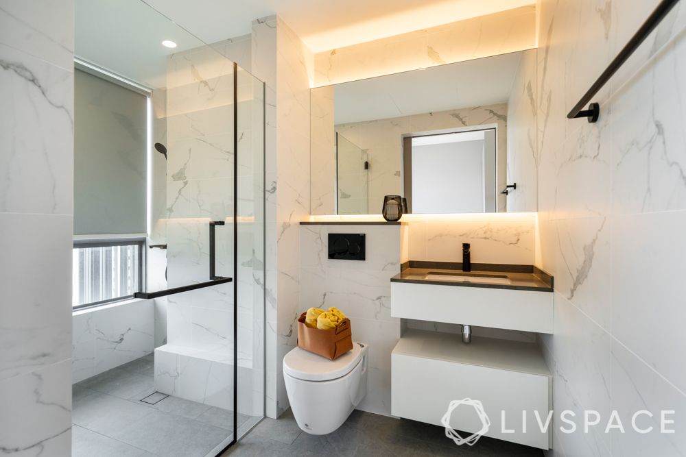 Bathroom design-shower glass panel-quartz countertop-laminate vanity