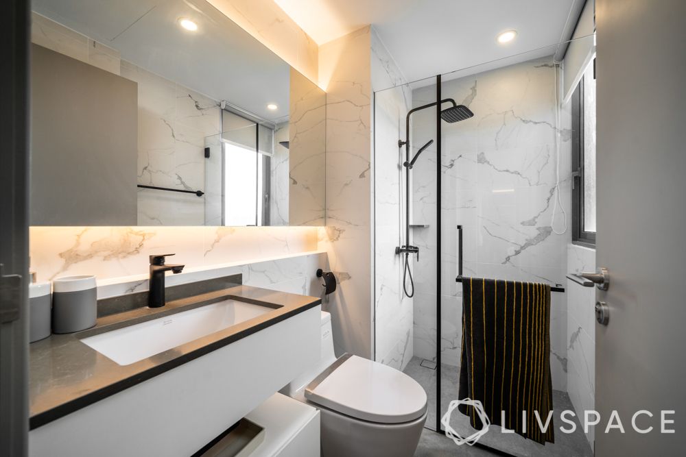 Condo design-bathroom-shower glass panel-quartz countertop-laminate vanity