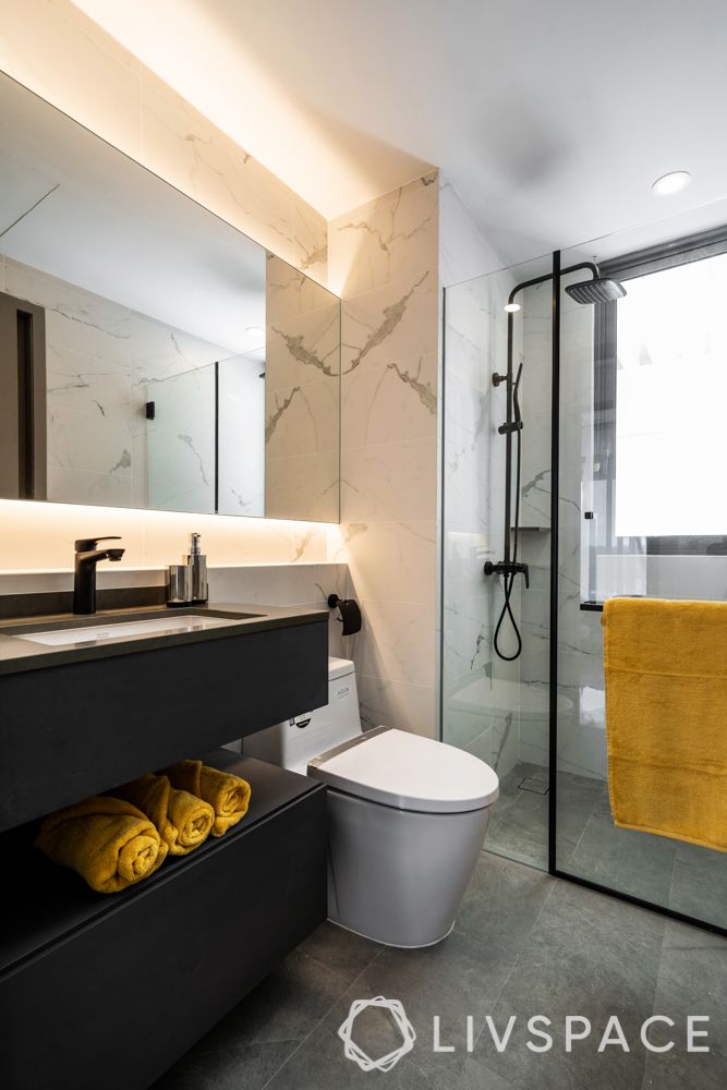 Bathroom design-shower glass panel-quartz countertop-laminate vanity