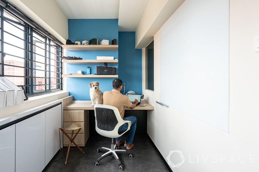 blue study room-cabinets-floating shelves