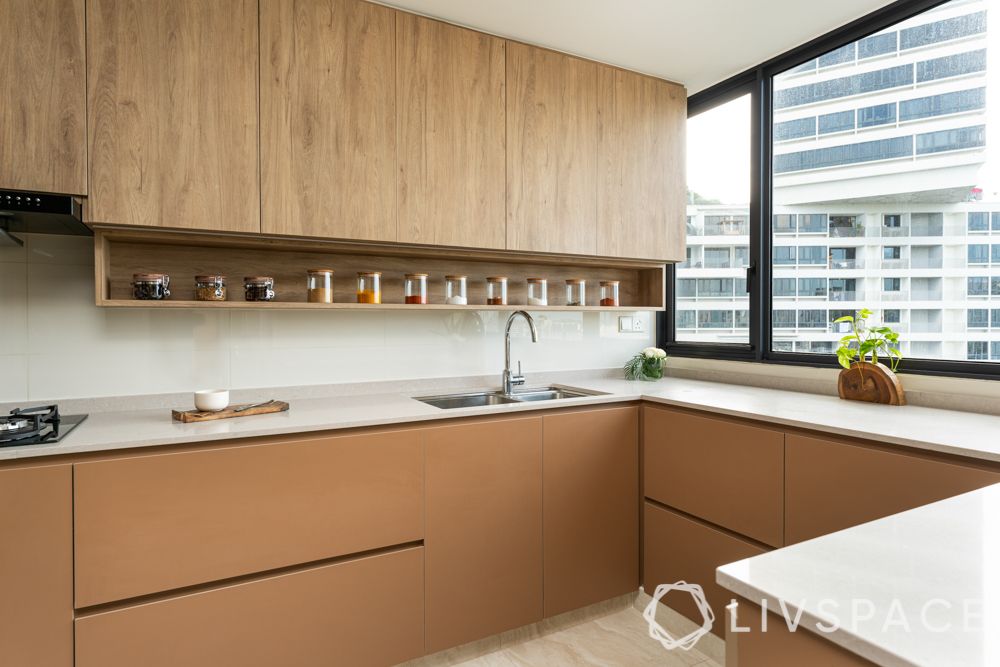 Countertops-quartz-wooden cabinets-spice cabinet