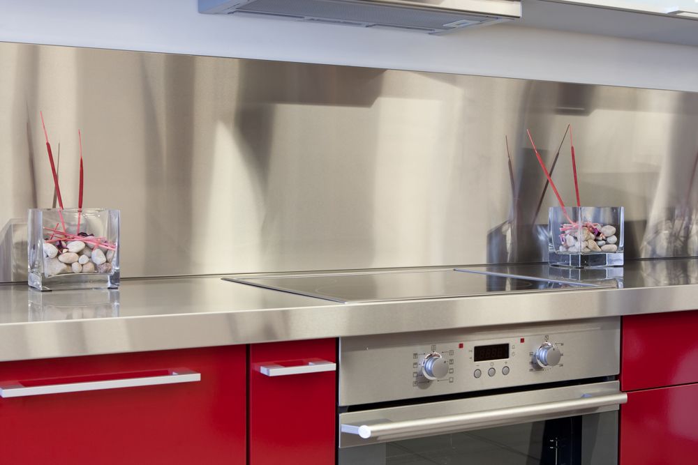 Countertops-stainless steel-red cabinets