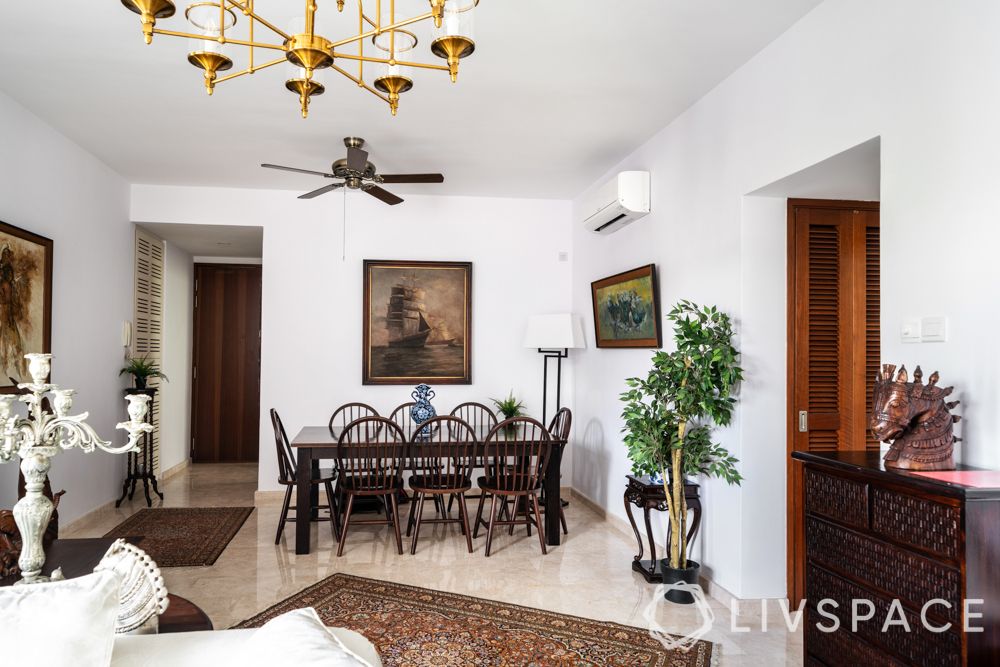 palm grove condo-dining room-table-carpet-chandelier