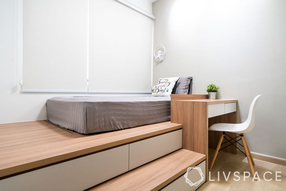 home design-dark oak wood laminate-staircase storage-platform bed-desk-cupboard with niche