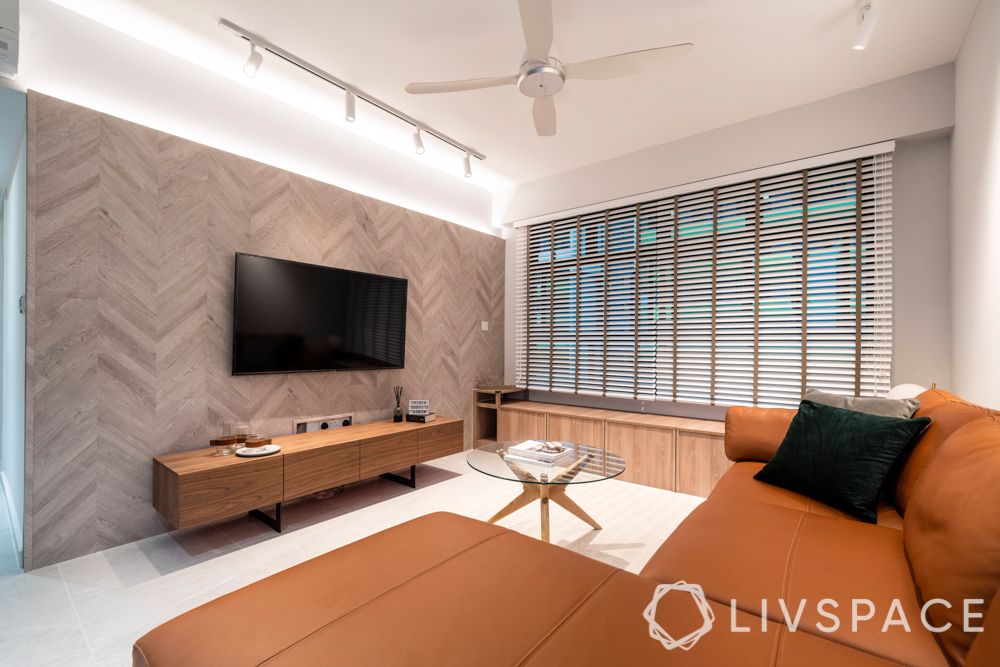 small living room designs-orange sofa-chevron pattern-window-coffee table
