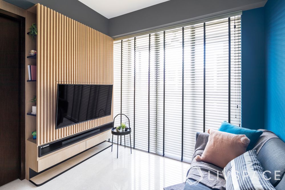 small living room designs-blue wall-timber stripes-TV unit