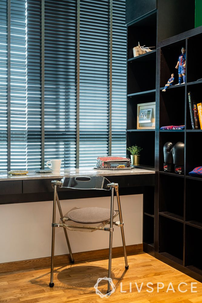 home-office-blinds-foldable-chair-bookshelf
