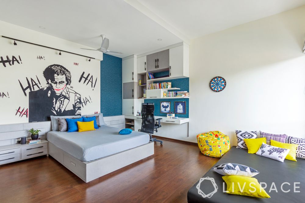 hdb bedroom design with study table-grey and white storage modules-blue wallpaper