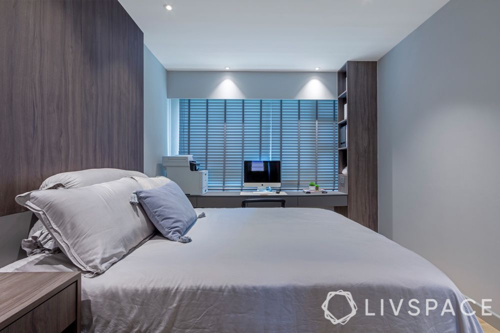 hdb bedroom design with study table-grey bed-grey wood-blinds