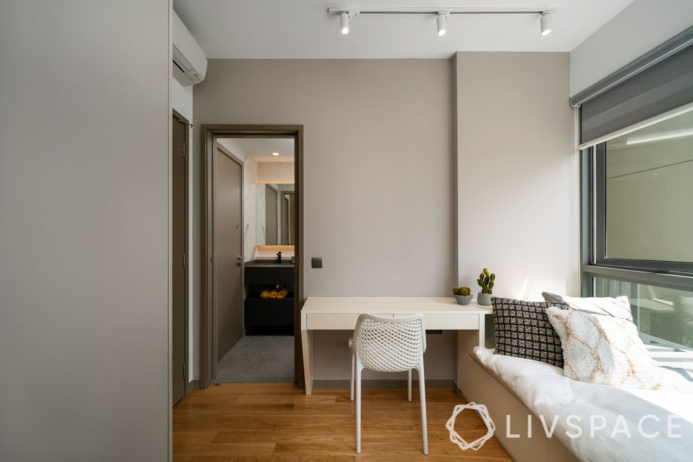 hdb bedroom design with study table-white bed-white desk