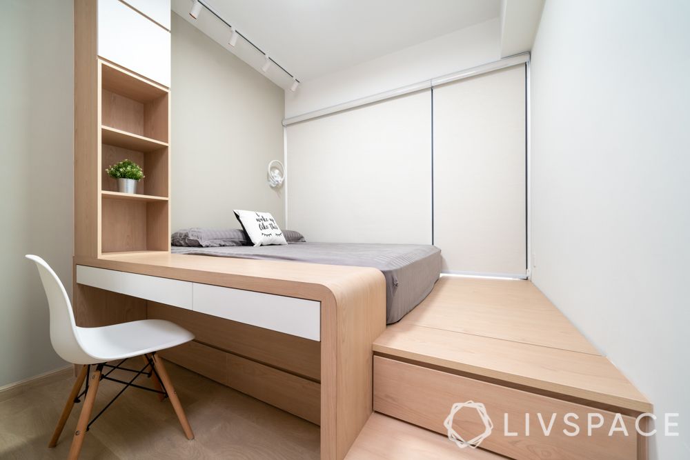 hdb bedroom design with study table-oak and plywood-study unit-platform storage