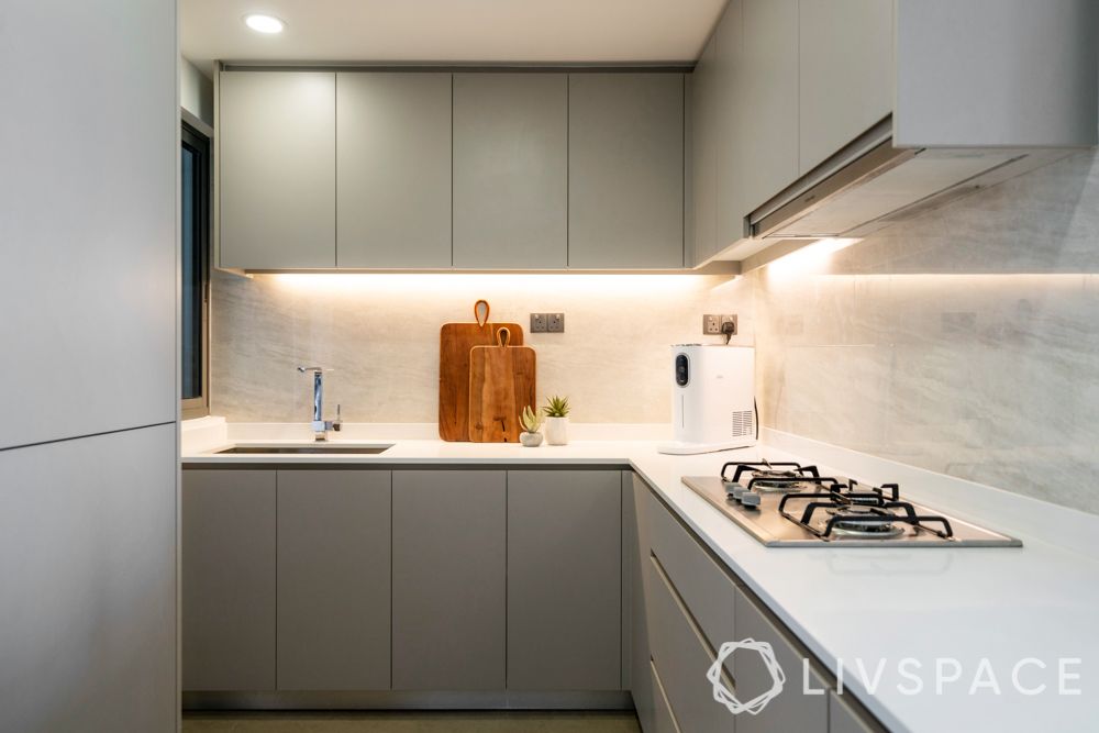 small kitchens-grey cabinets-compact kitchen-backlighting