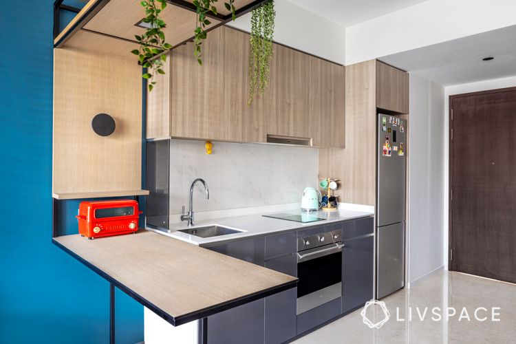 small kitchens-blue wall-wooden cabinets-one wall kitchen