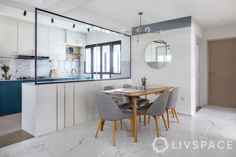 open concept kitchen-glass partition-marble flooring
