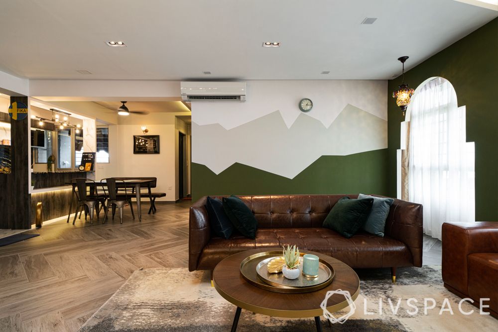 best hdb renovation-green wall-leather couch