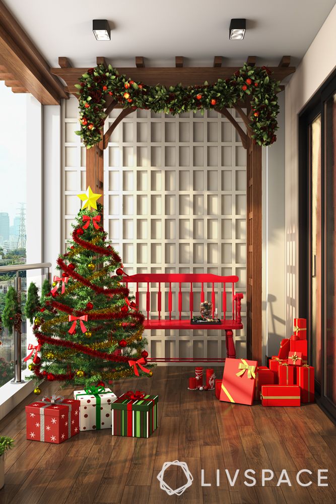 christmas-decor-balcony-red-bench-gifts-garland
