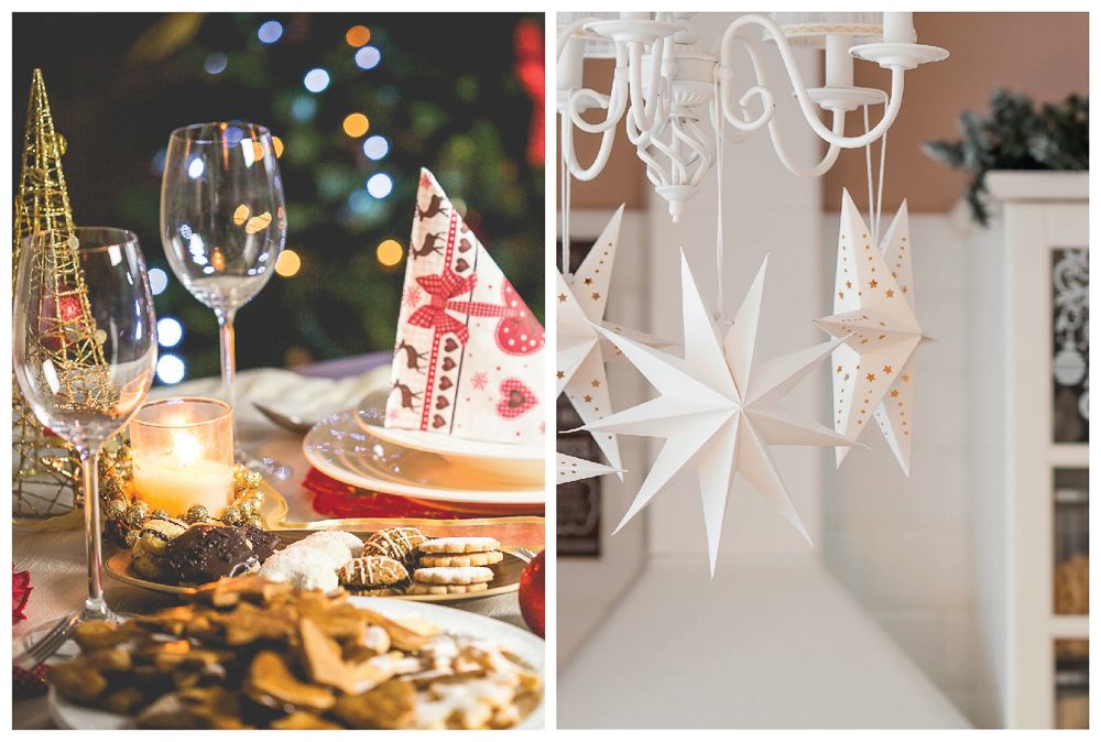 two-pictures-of-a-christmas-table-with-decorations-and-cookies