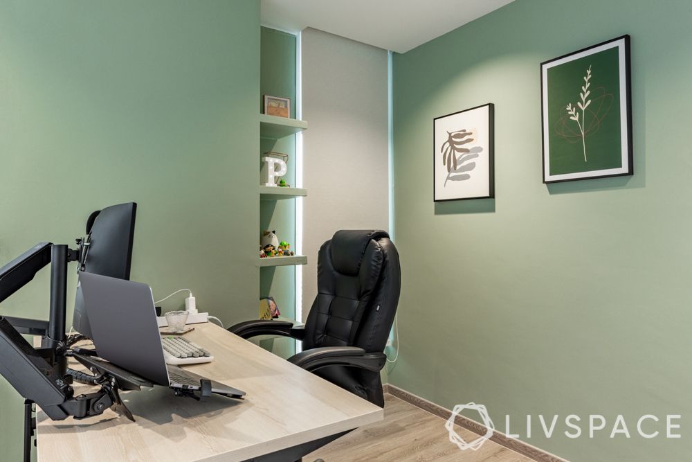 home-office-ideas-green-wall-paint-open-shelving