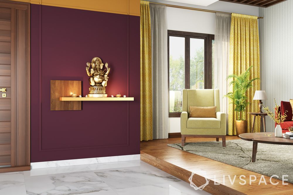 pooja-room-design-bold-colour-maroon-paint-wall-ledge