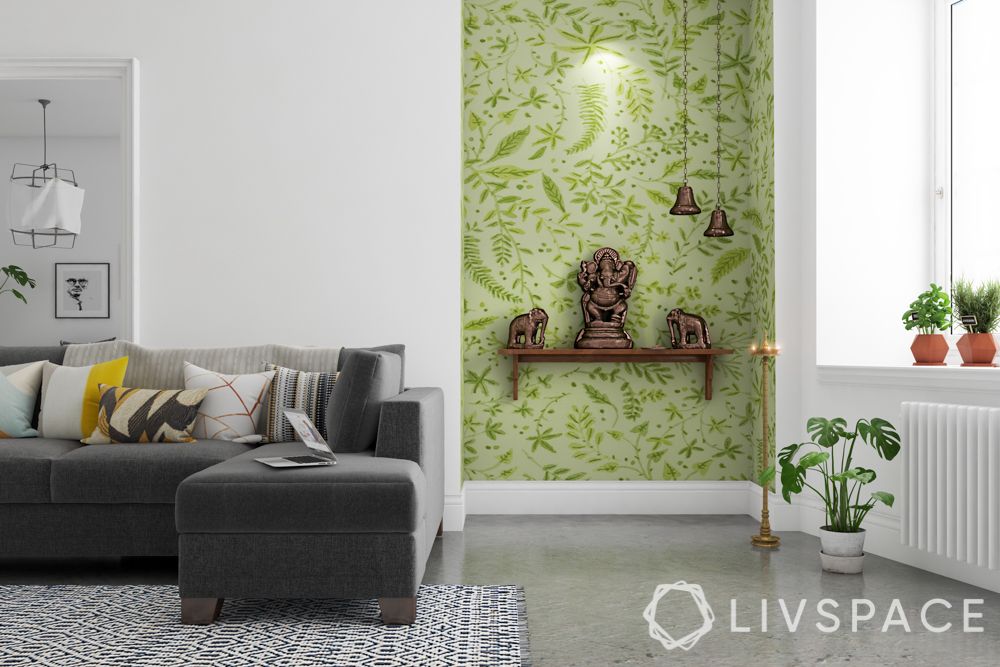 pooja-room-design-green-wallpaper-corner-unit