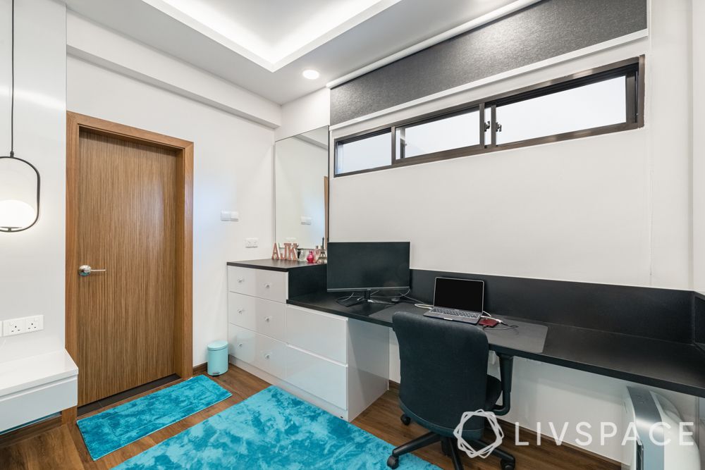 study-room-designs-white-grey-desk-dresser-blue-rugs-wooden-flooring