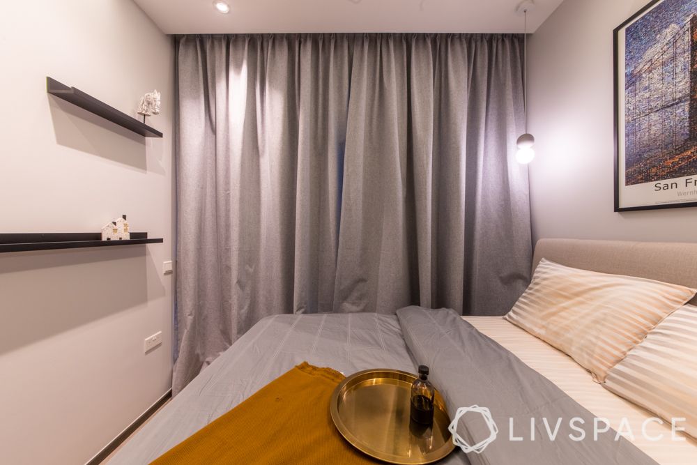 condo-renovations-master-bedroom-wall-shelves-grey-curtains