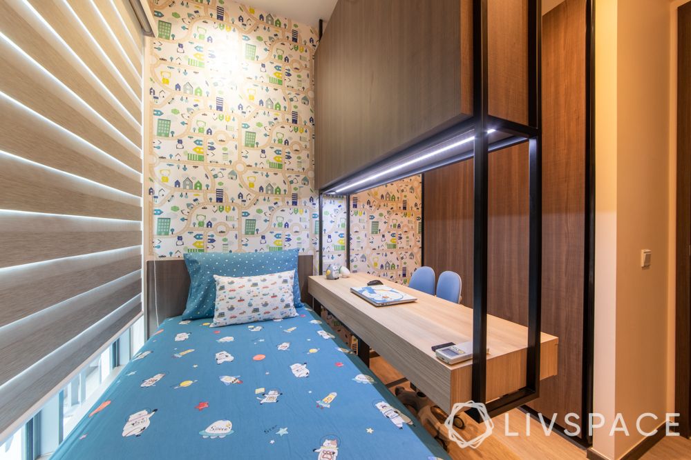 condo-renovations-kids-bedroom-printed-wallpaper-compact-room