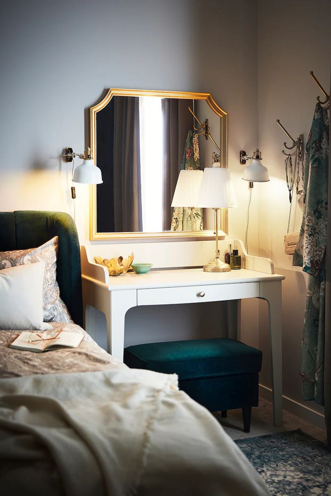 bedroom decor-gold frame mirror-dressing corner