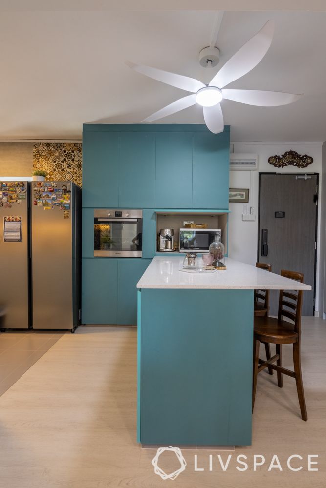 kitchen island design-blue and white kitchen-extended island