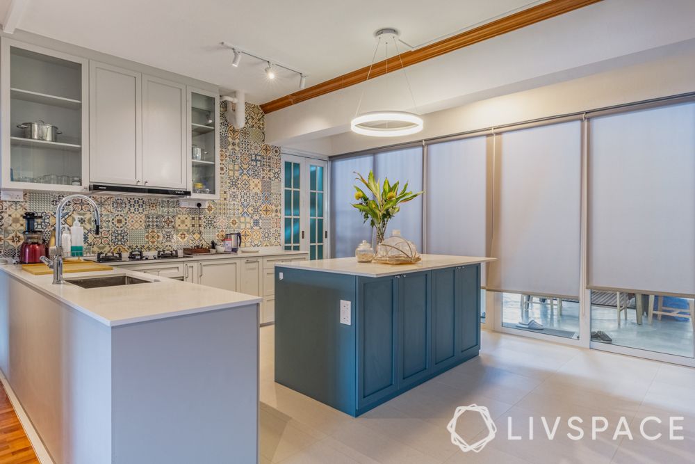 kitchen island design-Moroccan tiles-powder blue cabinet