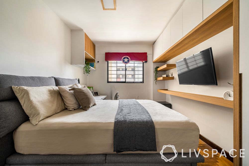 resale-3-room-HDB-design-bedroom-grey-upholstered-bed-white-wooden-TV-unit