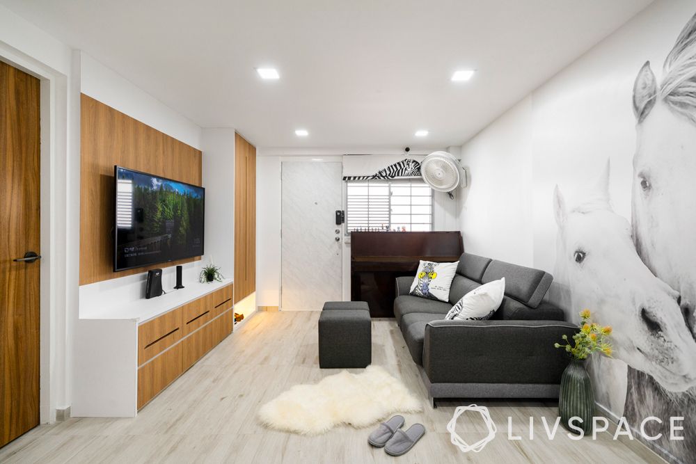 resale-3-room-HDB-design-living-room-horse-wallpaper-grey-couch-ottoman-wooden-TV-unit