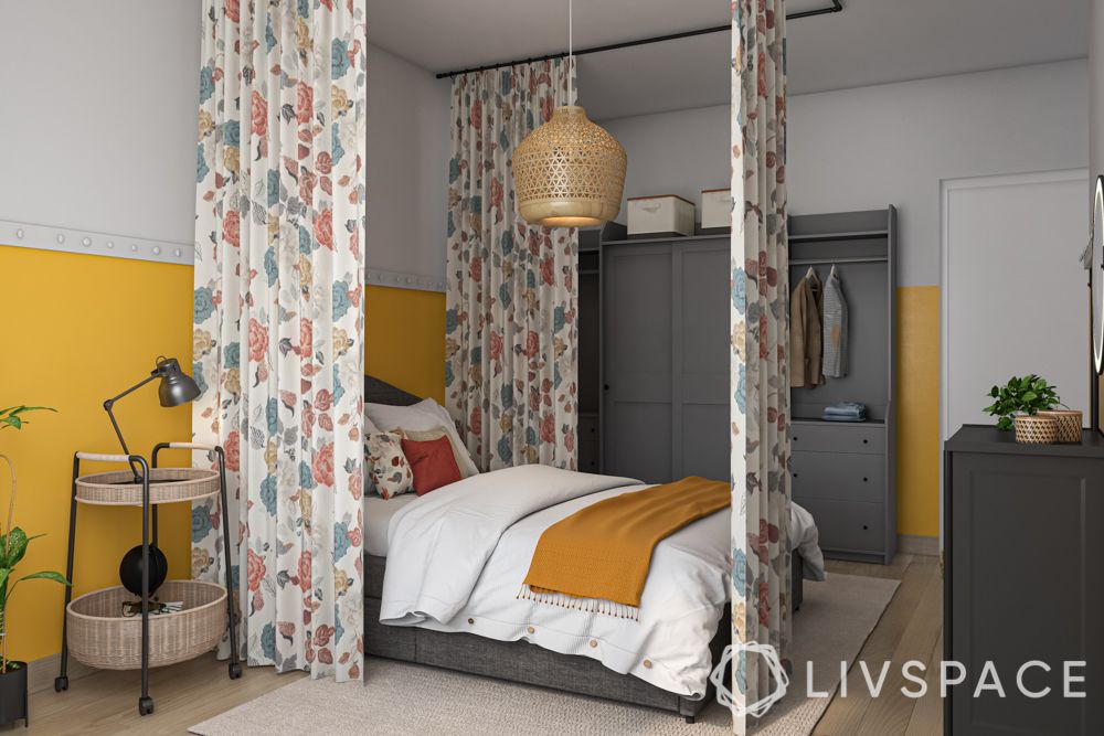 best-interior-design-singapore-bedroom-yellow-white-walls-floral-curtains-grey-wardrobe