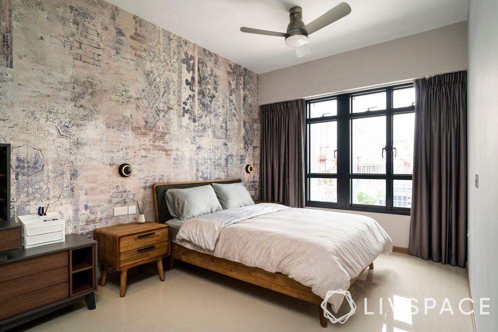 scandinavian-interiors-bedroom-wallpaper-wooden-bed-table-grey-curtains