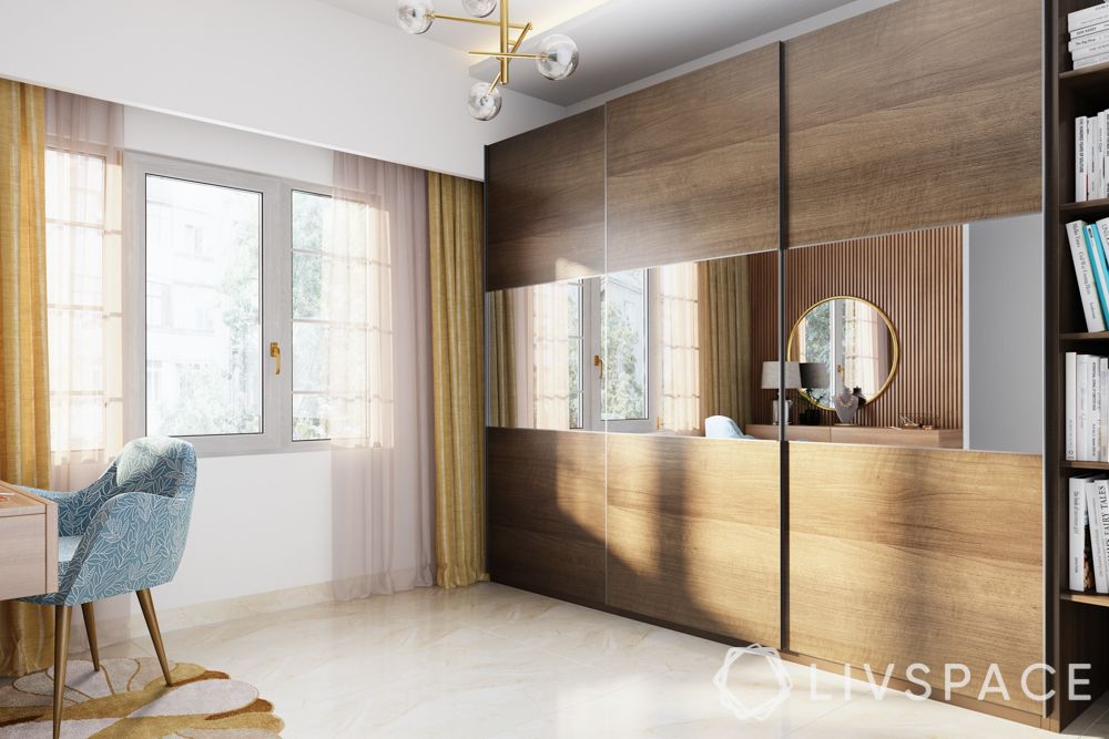mirrored-wardrobe-wooden-sliding-door-book-shelf-marble-flooring