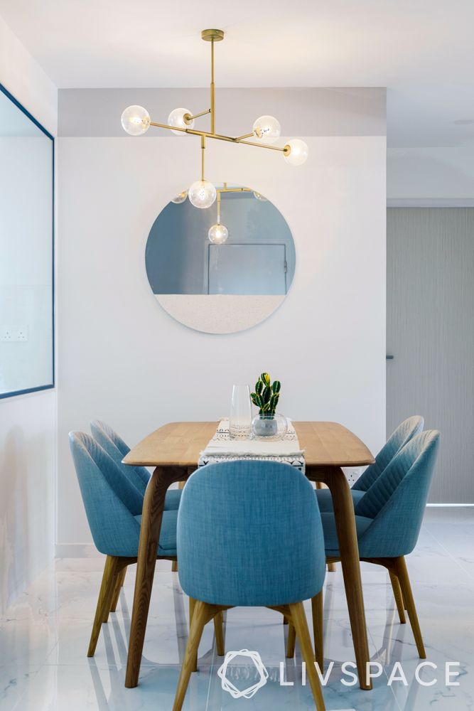 small-house-design-ideas-dining-table-grey-chairs-mirror-white-wall