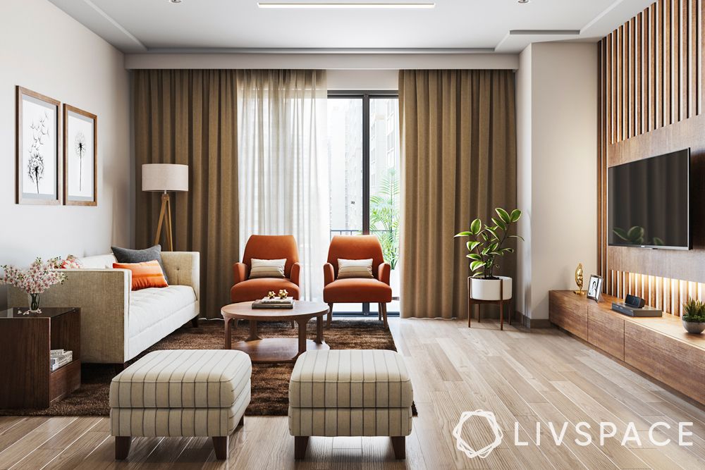small-living-room-ideas-beige-tones-wooden-flooring-orange-chairs-white-sofa