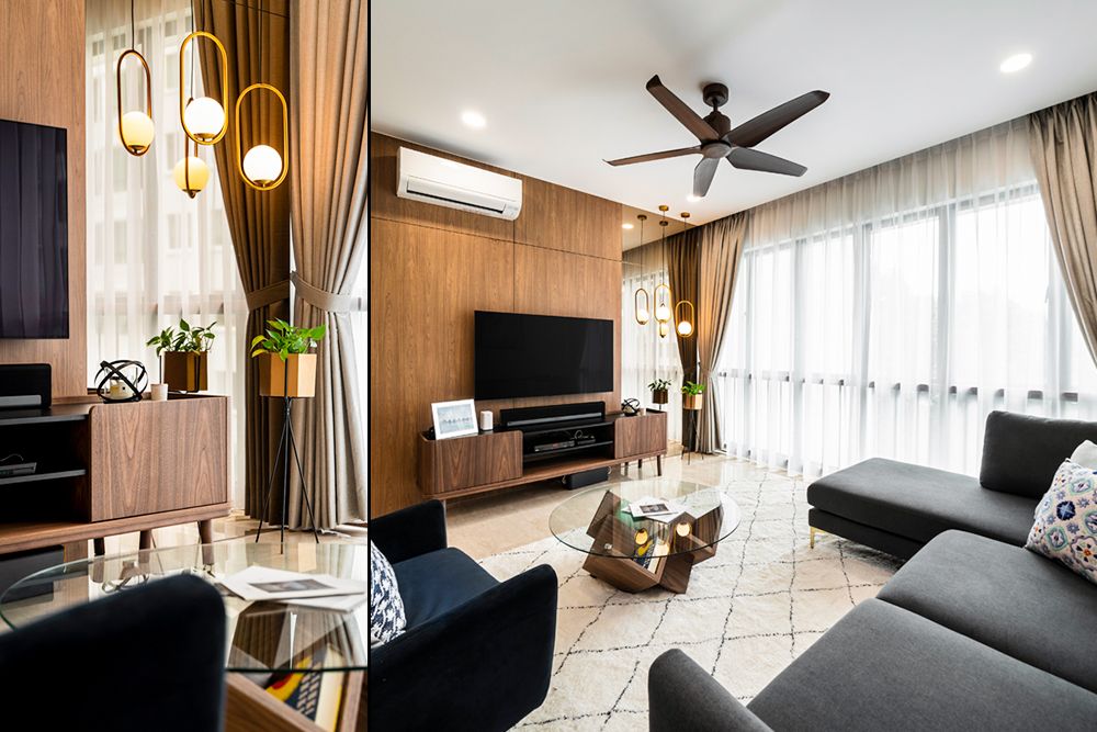 colourful-small-living-room-ideas-decor-lighting-wood-tv-unit-grey-sofa