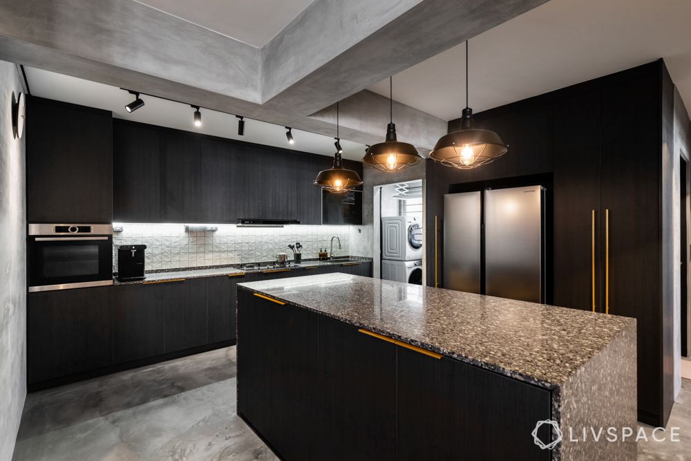 black-kitchen-island-decor-with-metal-track-lights-terrazzo-counter