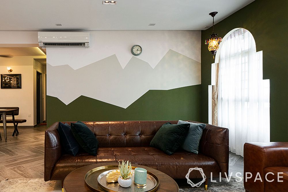 wall-painting-grey-and-green-mural-brown-leather-sofa