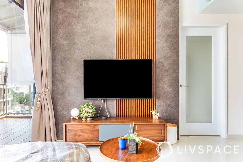 Wood strip TV wall feature  Wooden walls living room, Wood wall