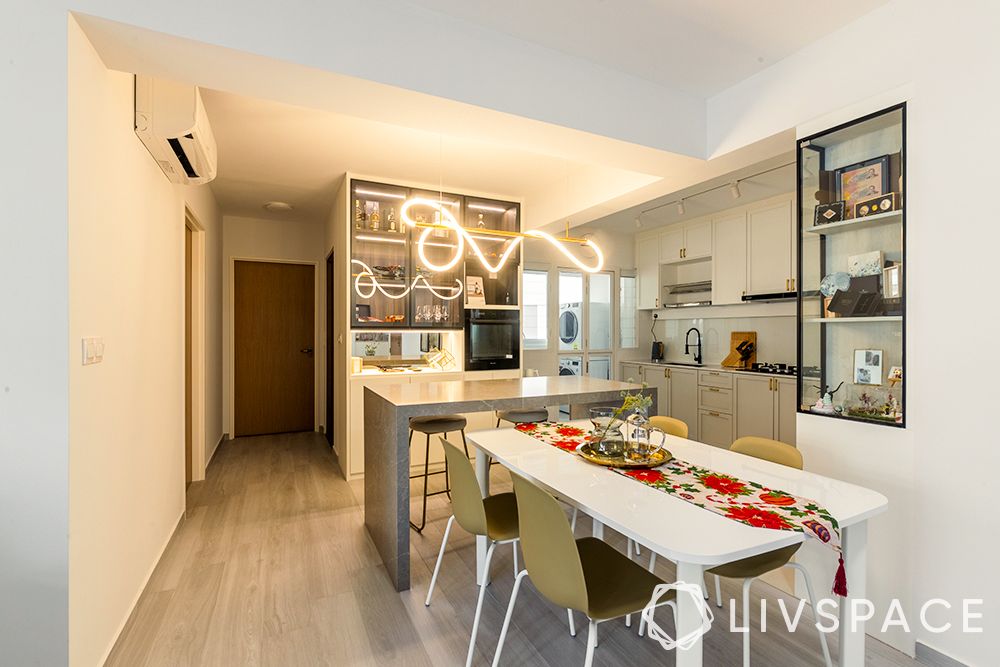 modern-contemporary-dining-room-extendable-table-neon-light-waterfall-kitchen-island