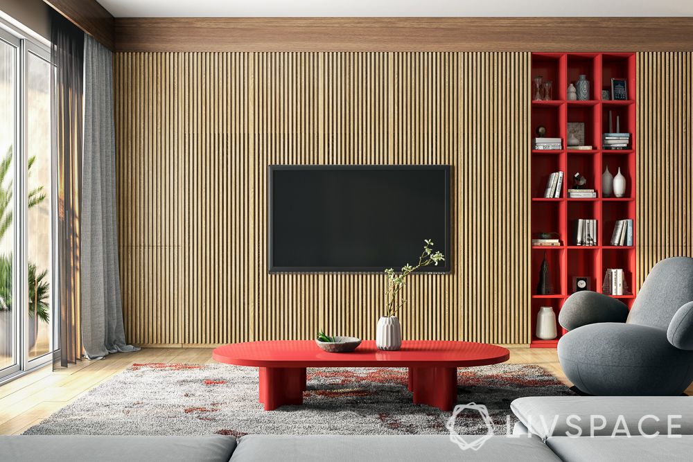 red-coffee-table-wooden-wall-red-modular-shelves