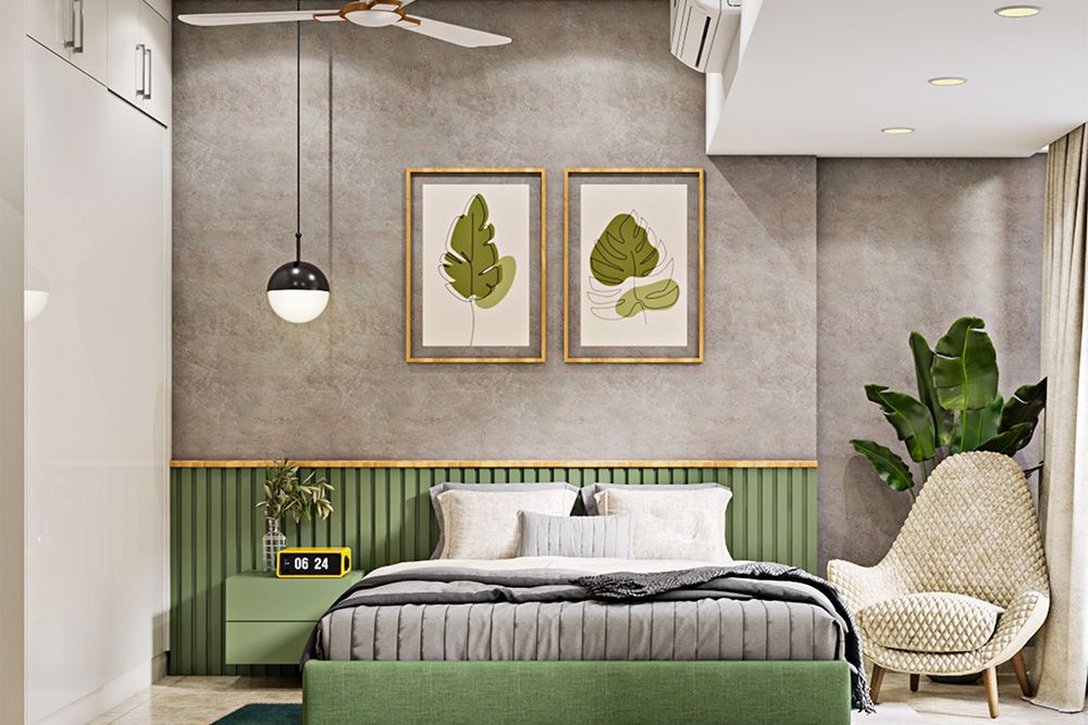 grey-bedroom-ideas-with-green-wall-panelling-art-and-furniture