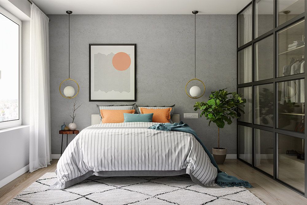 grey-bedroom-with-pastel-blue-and-orange-accents-and-pendant-lights