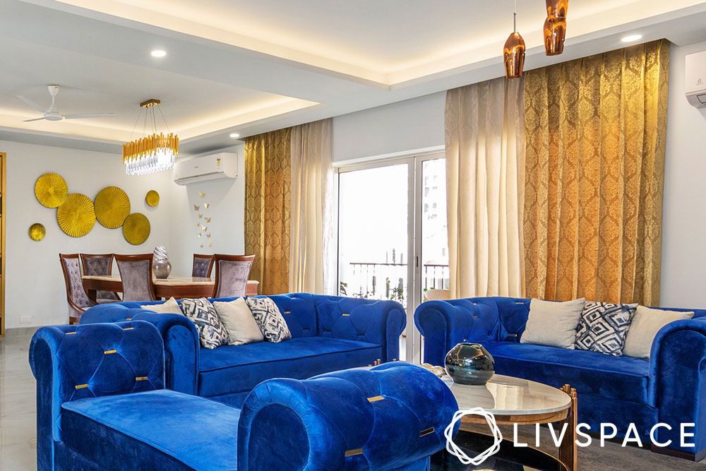 brocade-types-of-curtains-in-living-room-with-blue-velvet-sofas