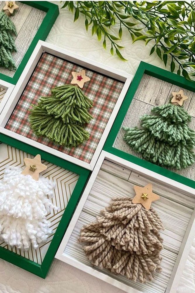 Woollen christmas tree decorations in frames