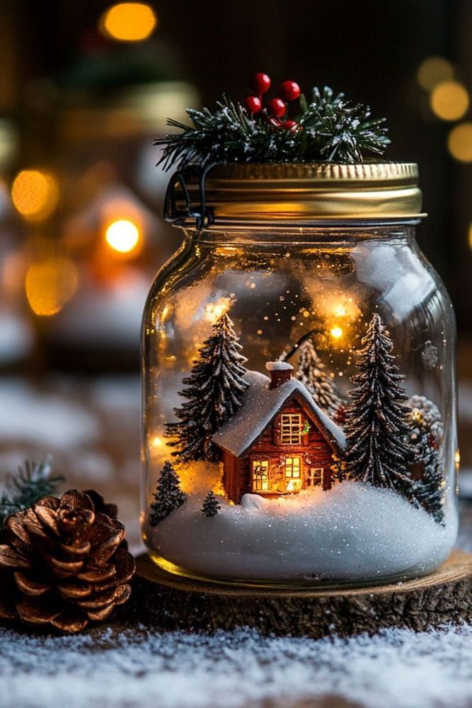 DIY Snowy town in a Mason Jar Xmas Lights for Festive Home Decor