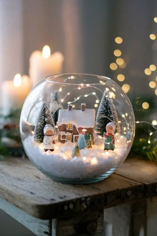 DIY snowy town inside a globe Xmas lights